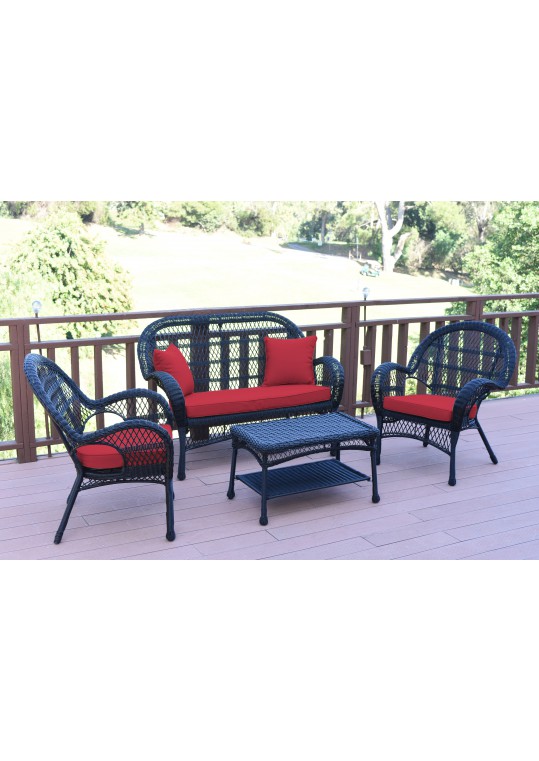 4pc Santa Maria Black Wicker Conversation Set - Red Cushions