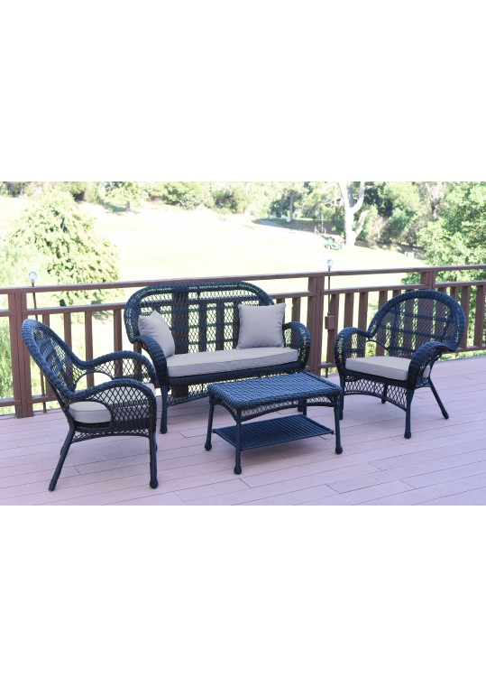 4pc Santa Maria Black Wicker Conversation Set - Steel Blue Cushions