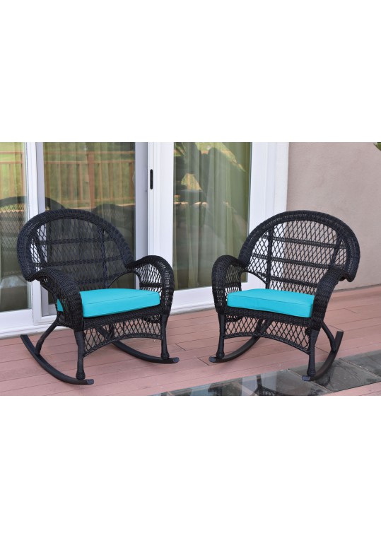 Santa Maria Black Wicker Rocker Chair with Sky Blue Cushion - Set of 2