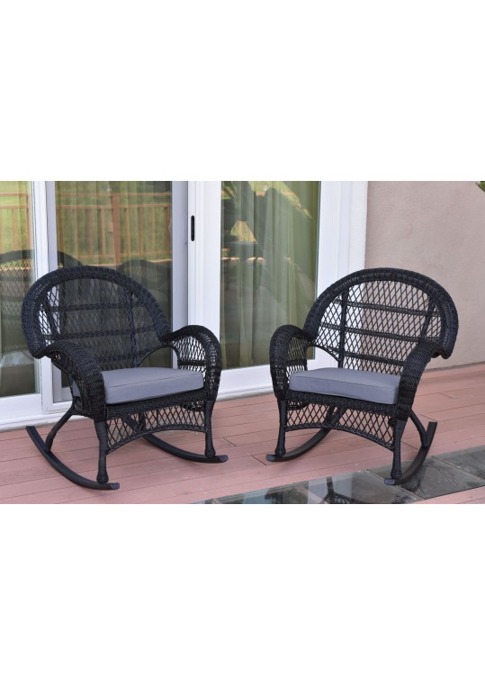 Santa Maria Black Wicker Rocker Chair with Steel Blue Cushion - Set of 2