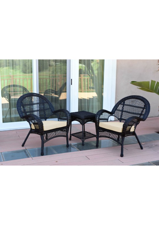 3pc Santa Maria Black Wicker Chair Set - Ivory Cushions