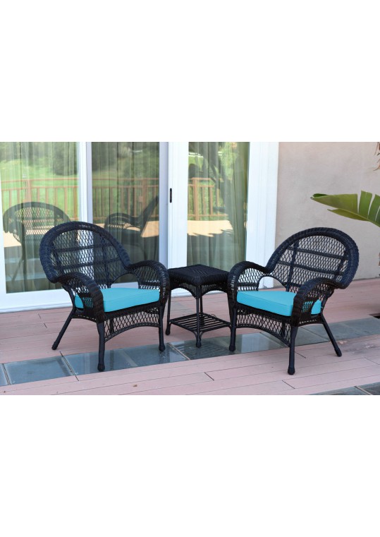 3pc Santa Maria Black Wicker Chair Set - Sky Blue Cushions