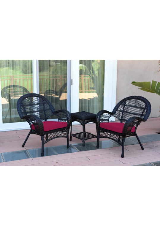 3pc Santa Maria Black Wicker Chair Set - Red Cushions