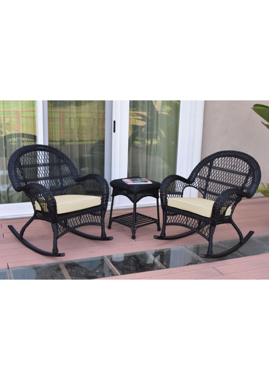 3pc Santa Maria Black Rocker Wicker Chair Set - Ivory Cushions
