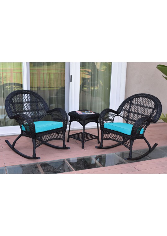 3pc Santa Maria Black Rocker Wicker Chair Set - Sky Blue Cushions