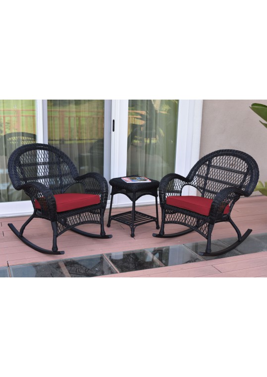 3pc Santa Maria Black Rocker Wicker Chair Set - Red Cushions