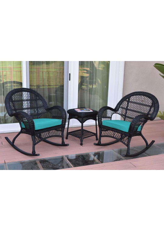 3pc Santa Maria Black Rocker Wicker Chair Set - Turquoise Cushions