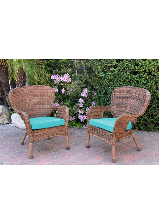 Set of 2 Windsor Honey Resin Wicker Chair with Sky Blue Cushion