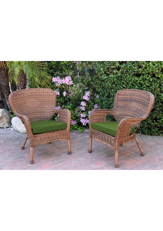 Set of 2 Windsor Honey Resin Wicker Chair with Hunter Green Cushion