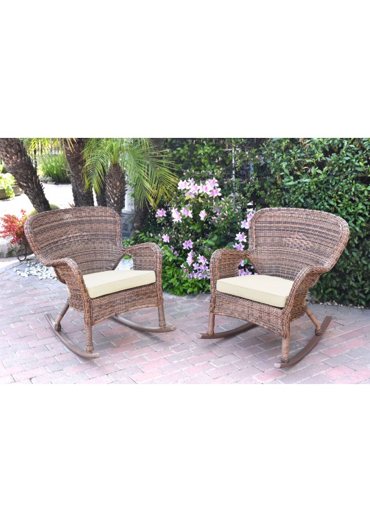 Set of 2 Windsor Honey Resin Wicker Rocker Chair with Ivory Cushions
