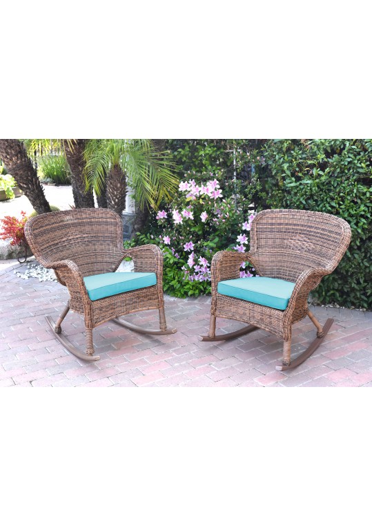 Set of 2 Windsor Honey Resin Wicker Rocker Chair with Sky Blue Cushions