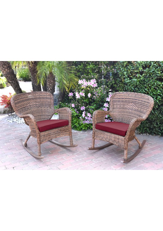 Set of 2 Windsor Honey Resin Wicker Rocker Chair with Red Cushions