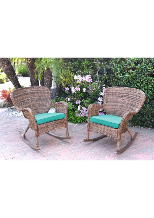 Set of 2 Windsor Honey Resin Wicker Rocker Chair with Turquoise Cushions