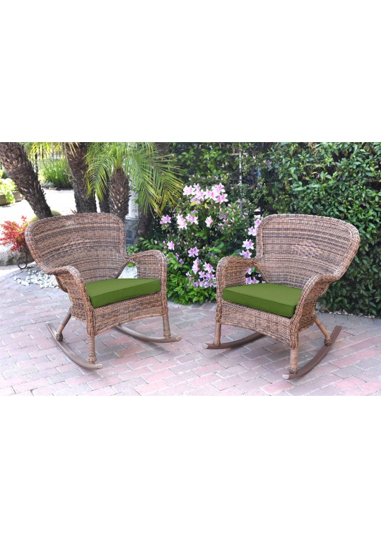 Set of 2 Windsor Honey Resin Wicker Rocker Chair with Hunter Green Cushions