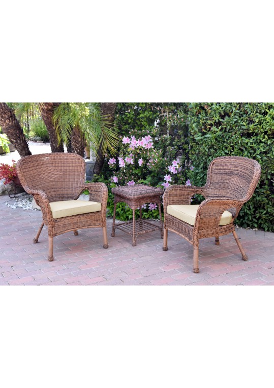 Windsor Honey Wicker Chair And End Table Set With Ivory Chair Cushion