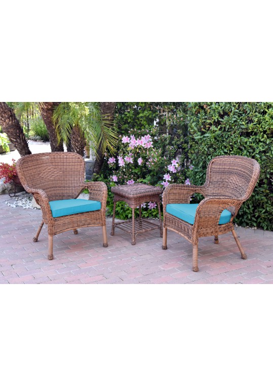 Windsor Honey Wicker Chair And End Table Set With Sky Blue Chair Cushion