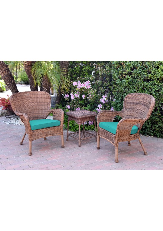 Windsor Honey Wicker Chair And End Table Set With Turquoise Chair Cushion