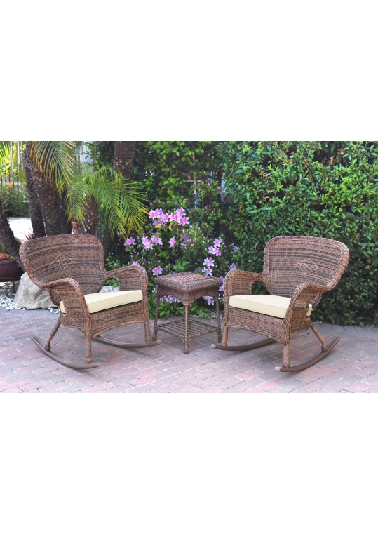 Windsor Honey Wicker Rocker Chair And End Table Set With Ivory Chair Cushion