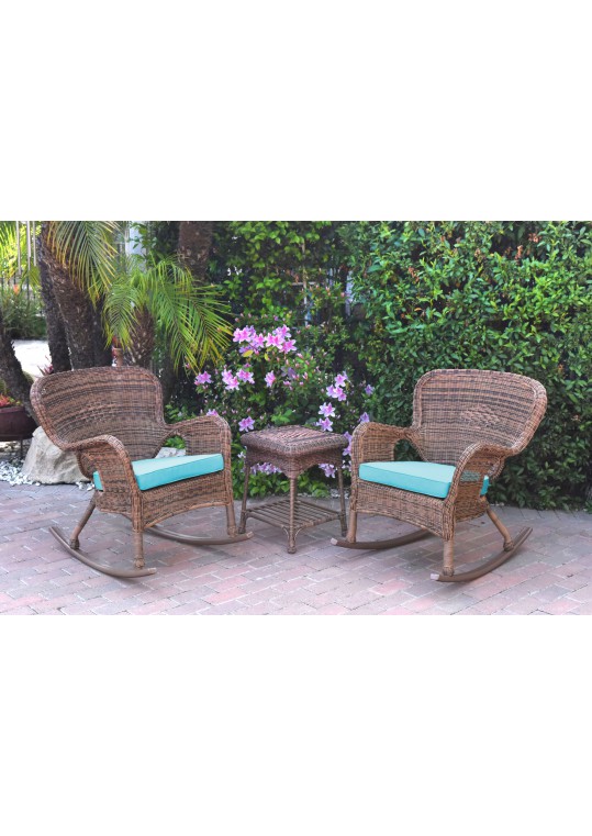 Windsor Honey Wicker Rocker Chair And End Table Set With Sky Blue Chair Cushion