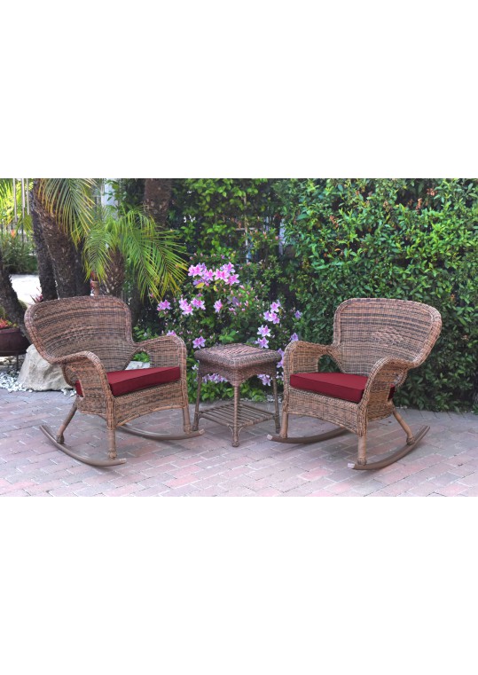 Windsor Honey Wicker Rocker Chair And End Table Set With Red Chair Cushion