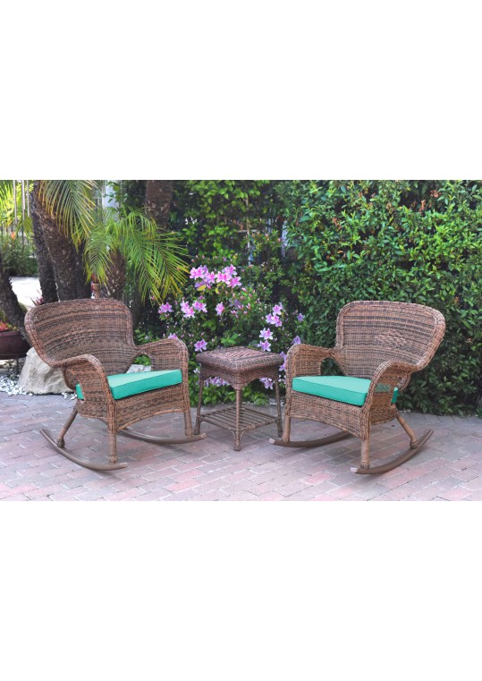 Windsor Honey Wicker Rocker Chair And End Table Set With Turquoise Chair Cushion
