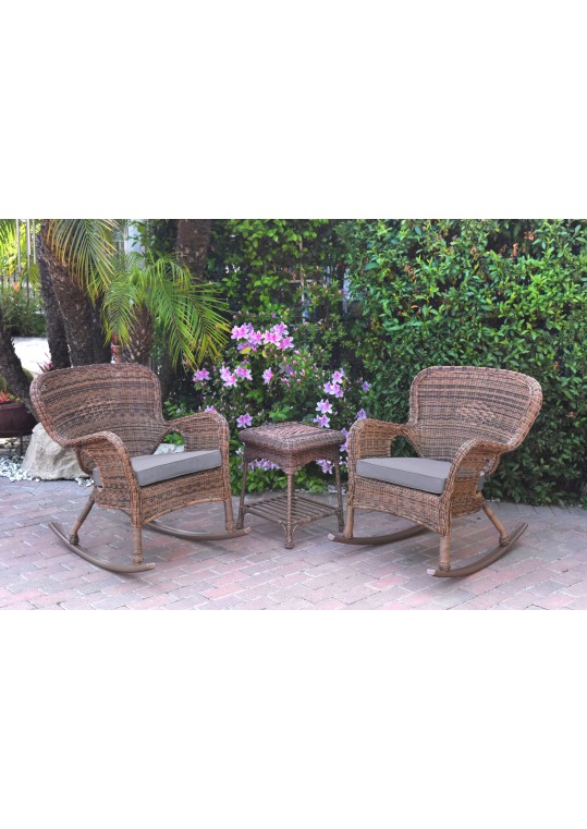 Windsor Honey Wicker Rocker Chair And End Table Set With Steel Blue Chair Cushion