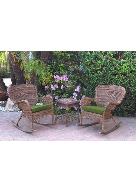 Windsor Honey Wicker Rocker Chair And End Table Set With Hunter Green Chair Cushion