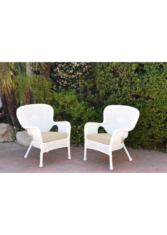 Set of 2 Windsor White Resin Wicker Chair with Ivory Cushion