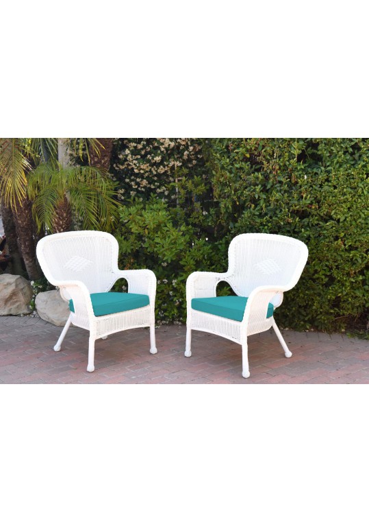 Set of 2 Windsor White Resin Wicker Chair with Turquoise Cushion