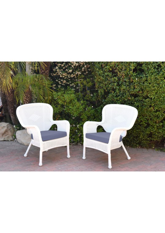 Set of 2 Windsor White Resin Wicker Chair with Steel Blue Cushion