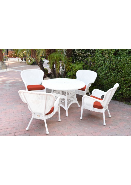 5pc Windsor White Wicker Dining Set - Brick Red Cushions