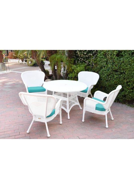 5pc Windsor White Wicker Dining Set - Turquoise Cushions