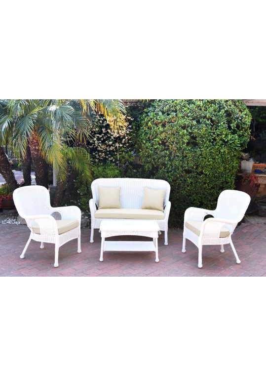4pc Windsor White Wicker Conversation Set - Ivory Cushions