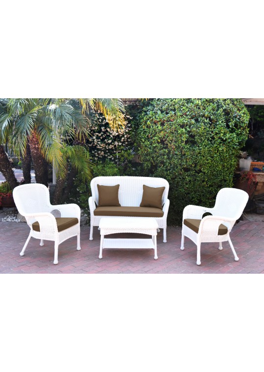 4pc Windsor White Wicker Conversation Set - Brown Cushions