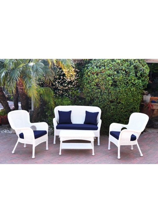 4pc Windsor White Wicker Conversation Set - Midnight Blue Cushions