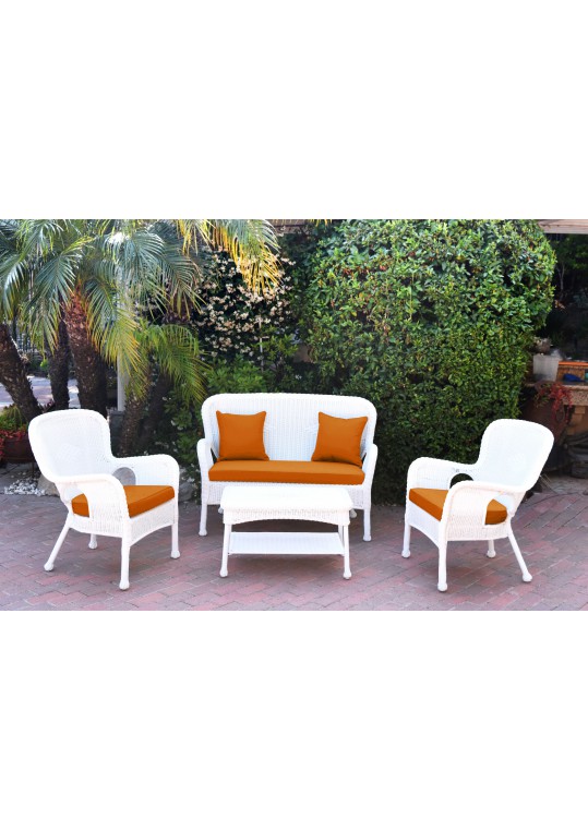 4pc Windsor White Wicker Conversation Set - Orange Cushions