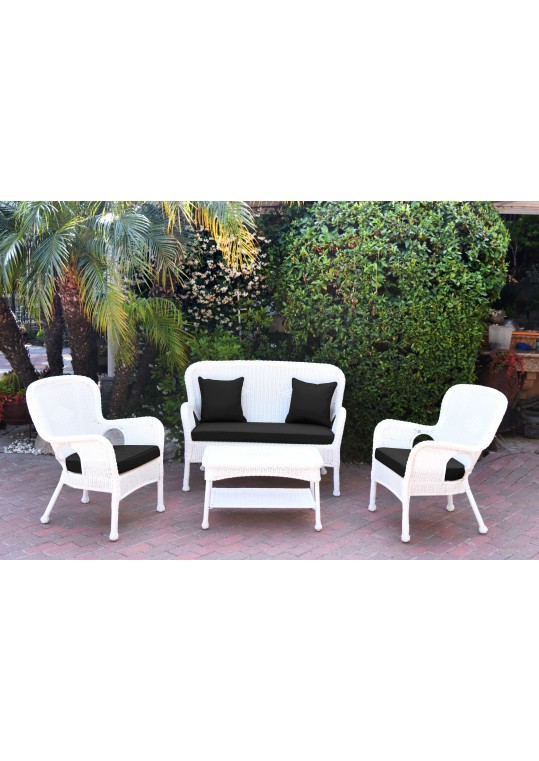 4pc Windsor White Wicker Conversation Set - Black Cushions