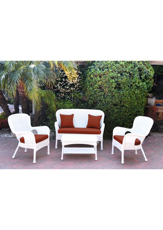 4pc Windsor White Wicker Conversation Set - Brick Red Cushions
