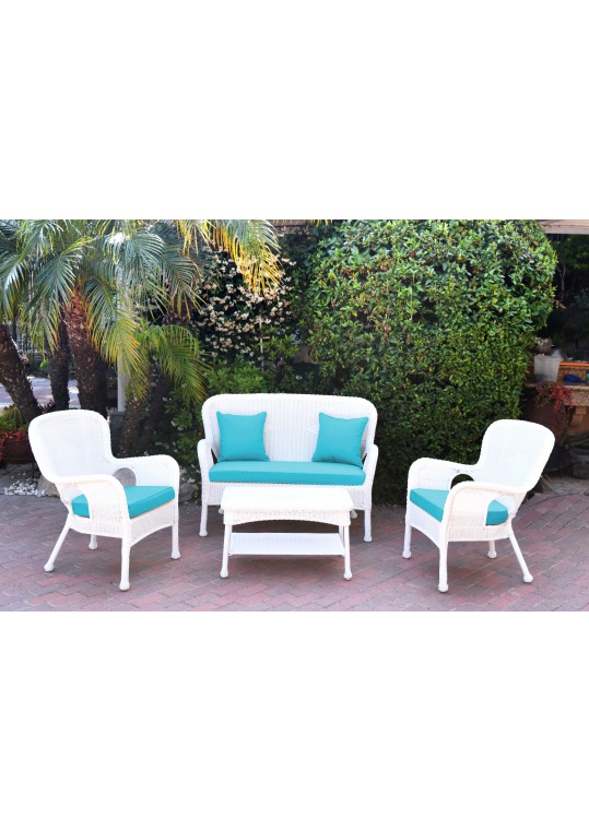 4pc Windsor White Wicker Conversation Set - Sky Blue Cushions