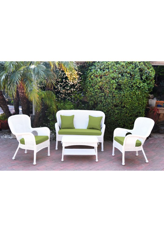 4pc Windsor White Wicker Conversation Set - Sage Green Cushions