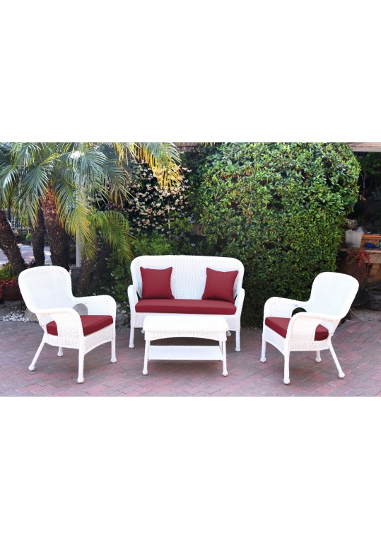 4pc Windsor White Wicker Conversation Set - Red Cushions