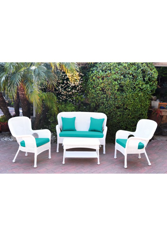 4pc Windsor White Wicker Conversation Set - Turquoise Cushions