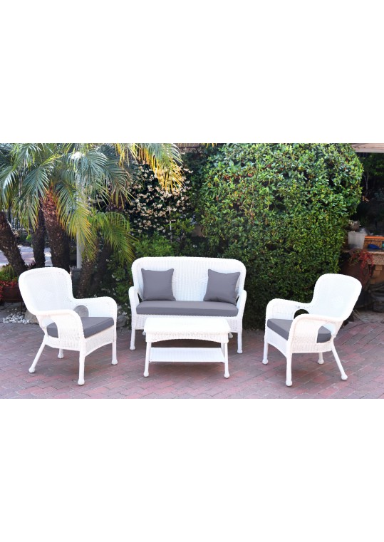 4pc Windsor White Wicker Conversation Set - Steel Blue Cushions