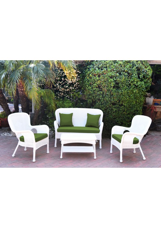 4pc Windsor White Wicker Conversation Set - Hunter Green Cushions