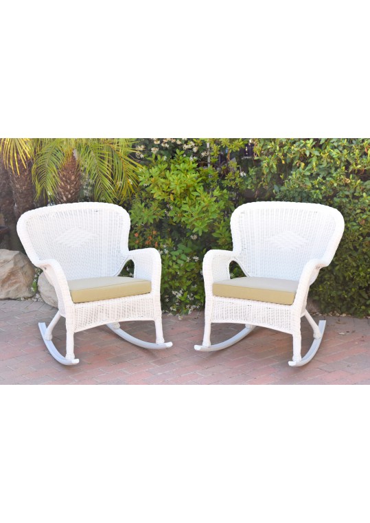 Set of 2 Windsor White Resin Wicker Rocker Chair with Ivory Cushions