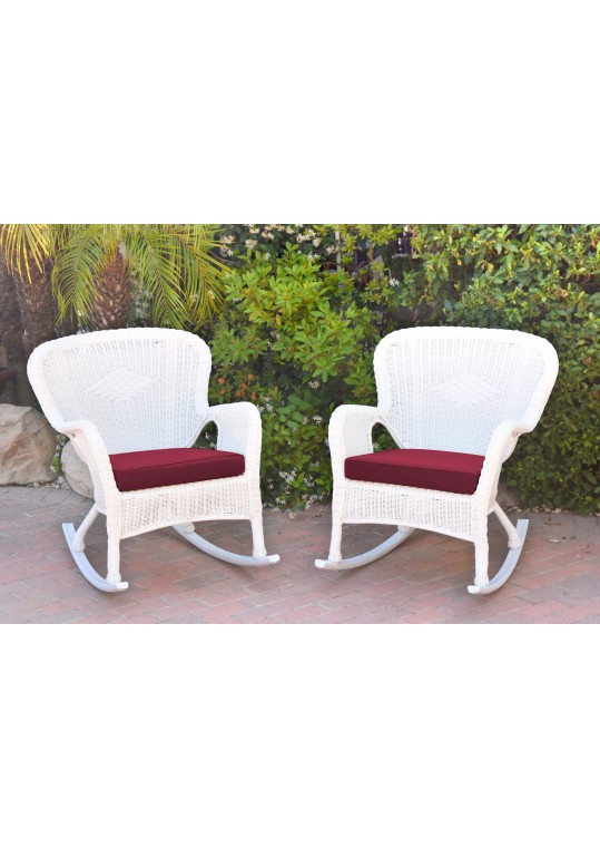 Set of 2 Windsor White Resin Wicker Rocker Chair with Red Cushions