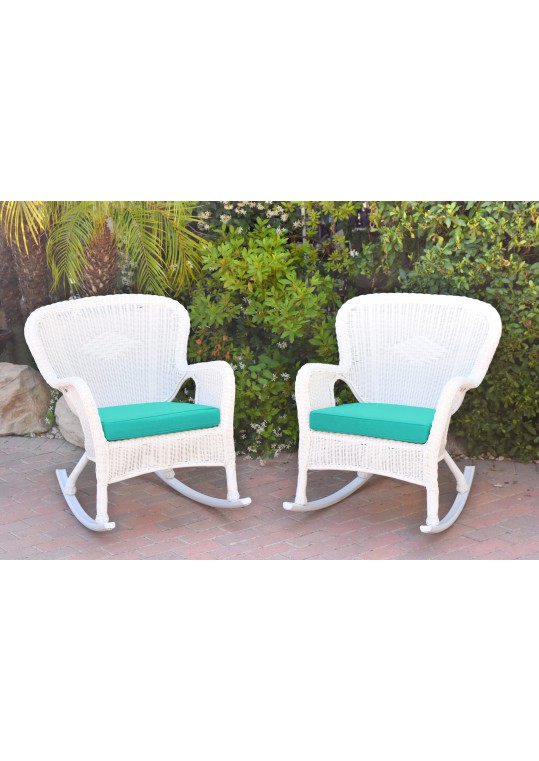 Set of 2 Windsor White Resin Wicker Rocker Chair with Turquoise Cushions