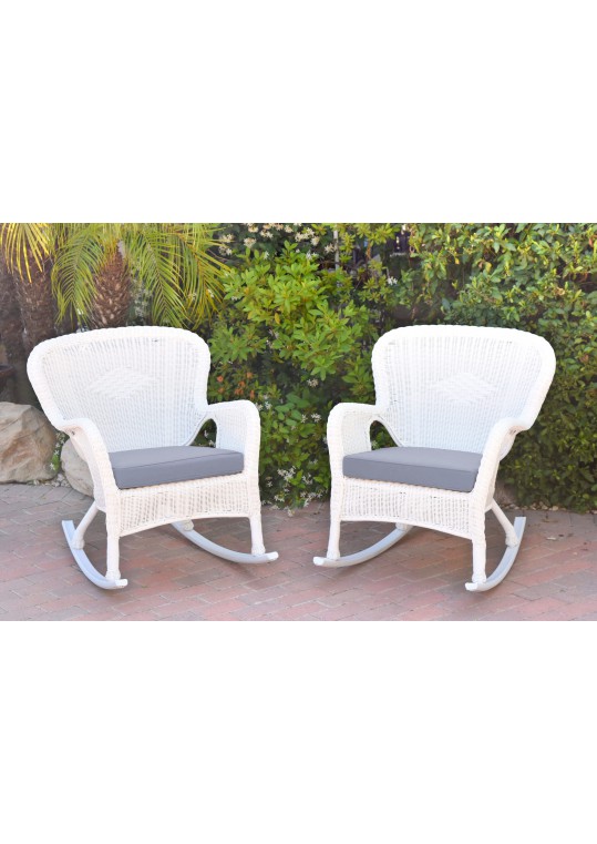 Set of 2 Windsor White Resin Wicker Rocker Chair with Steel Blue Cushions