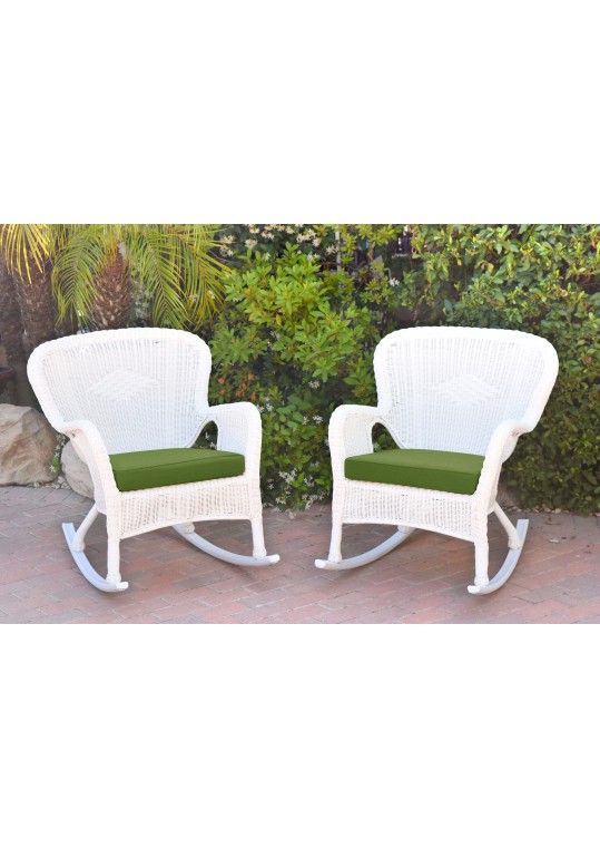 Set of 2 Windsor White Resin Wicker Rocker Chair with Hunter Green Cushions