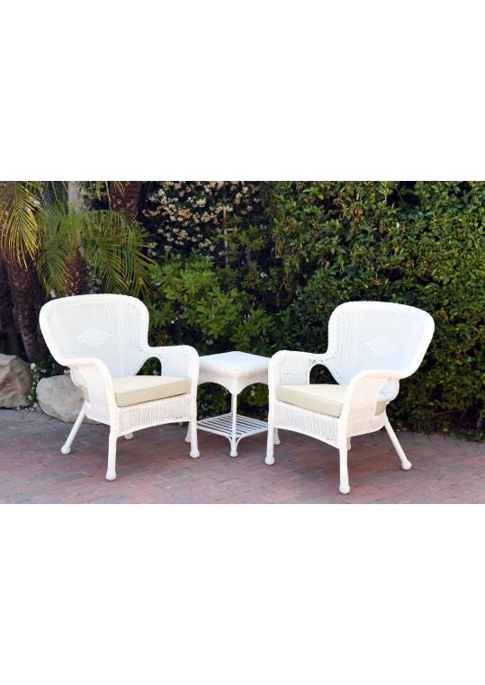 Windsor White Wicker Chair And End Table Set With Ivory Chair Cushion